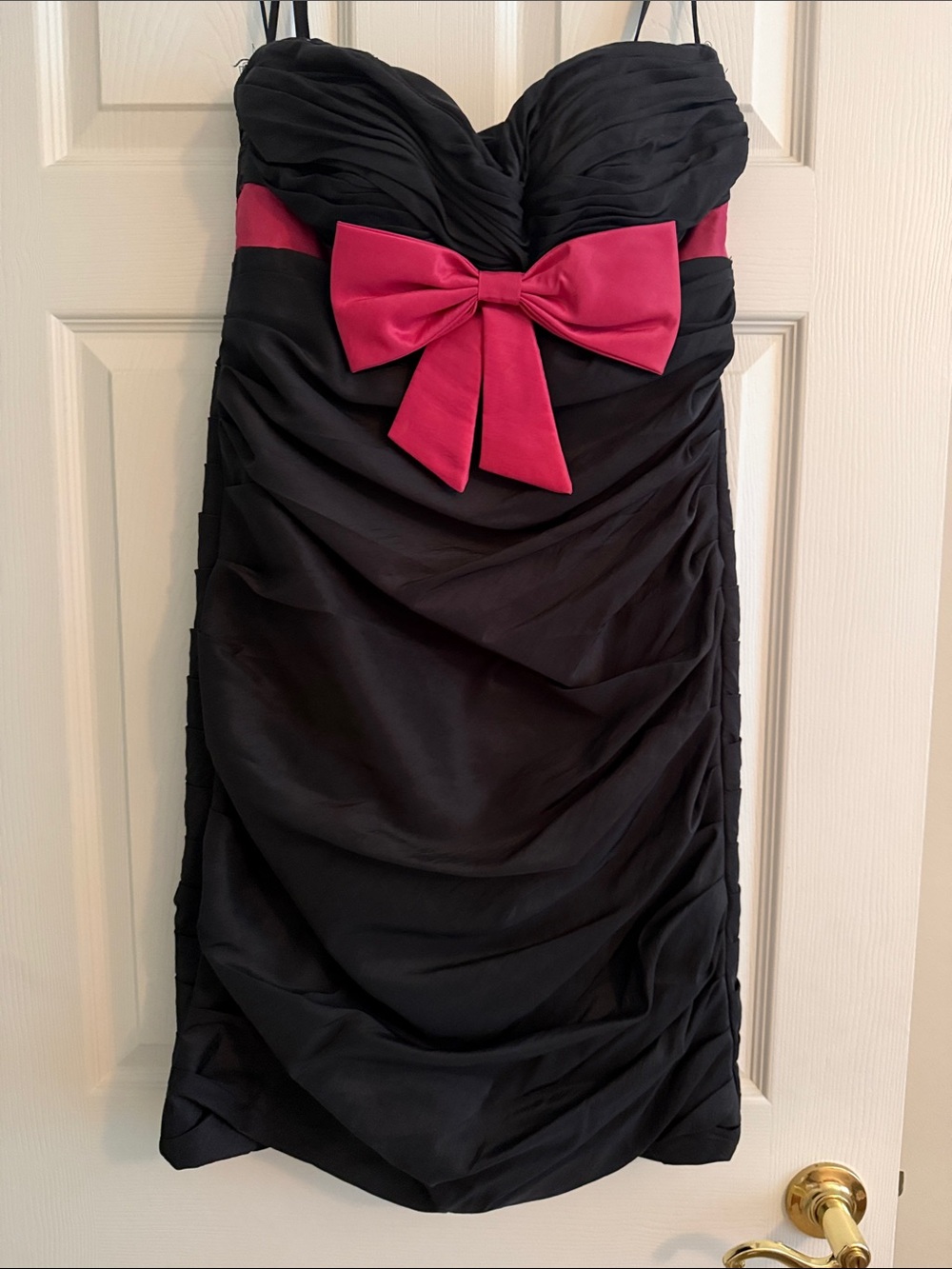 Jovani Black Strapless Cocktail Dress with Hot Pink Bow